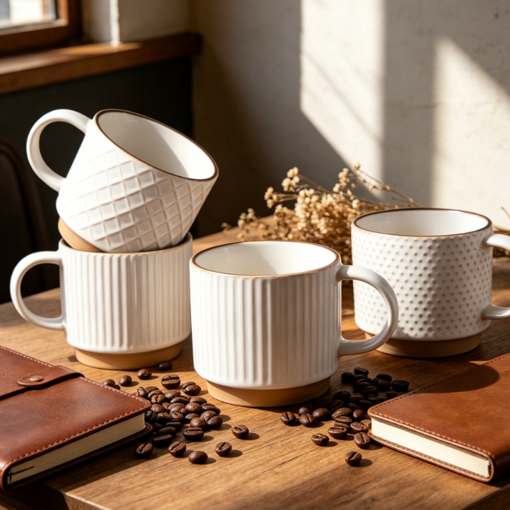 Stackable 12oz Ceramic Mugs with Textured Pattern, Set of 4 for Latte, Cappuccino or Cocoa, Dishwasher & Microwave Safe, Off White - Image 2