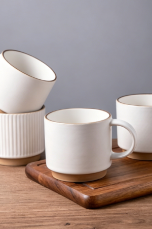 Stackable 12oz Ceramic Mugs with Textured Pattern, Set of 4 for Latte, Cappuccino or Cocoa, Dishwasher & Microwave Safe, Off White