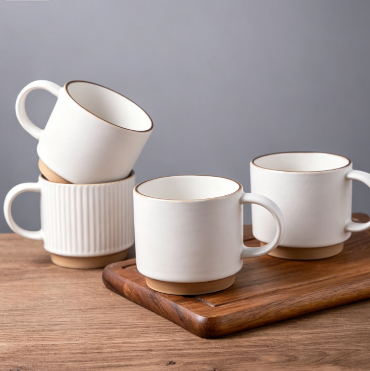 Stackable 12oz Ceramic Mugs with Textured Pattern, Set of 4 for Latte, Cappuccino or Cocoa, Dishwasher & Microwave Safe, Off White