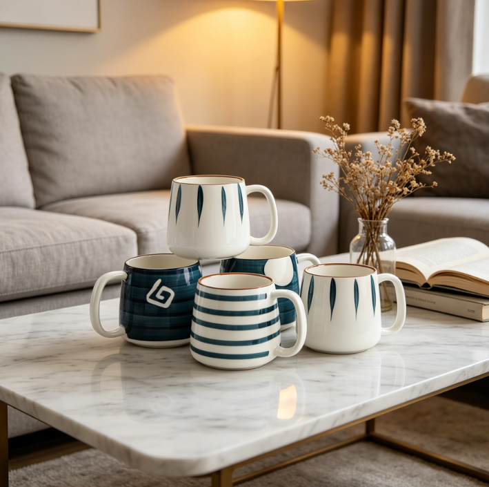 Set of 4 Porcelain Mugs, 17oz Each, Large Hand-Painted Tea Cups with Handles, for Hot or Cold Drinks, Microwave & Dishwasher Safe - Image 2