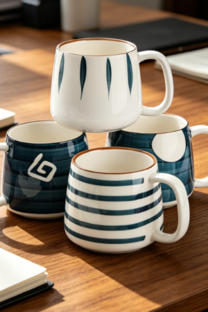 Set of 4 Porcelain Mugs, 17oz Each, Large Hand-Painted Tea Cups with Handles, for Hot or Cold Drinks, Microwave & Dishwasher Safe