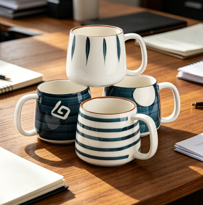 Set of 4 Porcelain Mugs, 17oz Each, Large Hand-Painted Tea Cups with Handles, for Hot or Cold Drinks, Microwave & Dishwasher Safe