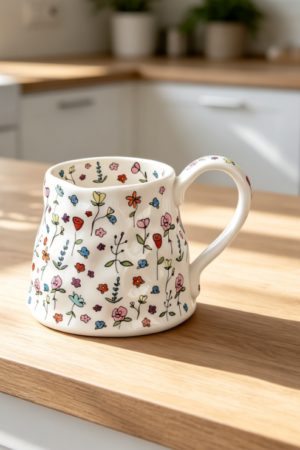 18oz Handmade Ceramic Mug with Creative Printed Flowers, for Office and Home, for Latte, Tea or Milk, White
