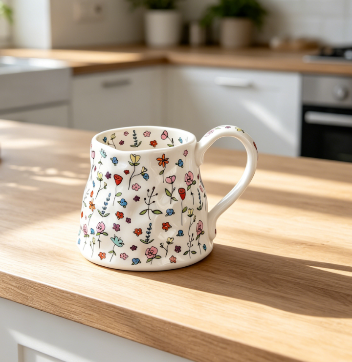 18oz Handmade Ceramic Mug with Creative Printed Flowers, for Office and Home, for Latte, Tea or Milk, White