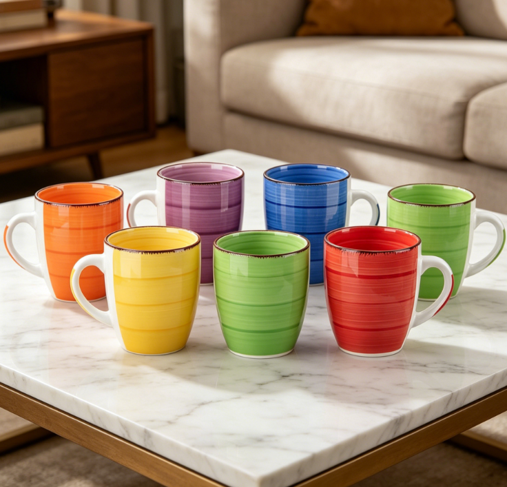Set of 6 Warm Color Ceramic Mugs, 12oz Each, for Cappuccino, Latte, Tea or Cocoa - Image 2