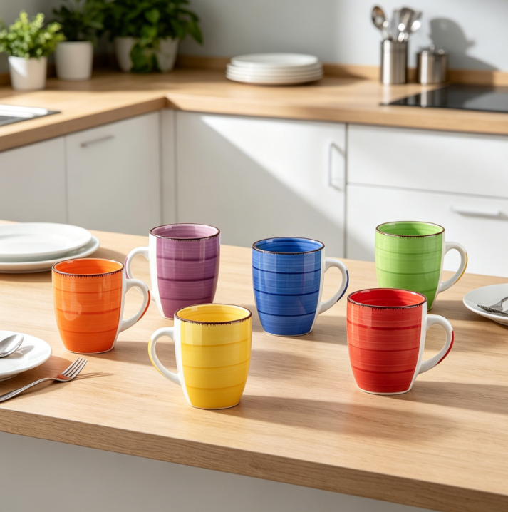Set of 6 Warm Color Ceramic Mugs, 12oz Each, for Cappuccino, Latte, Tea or Cocoa