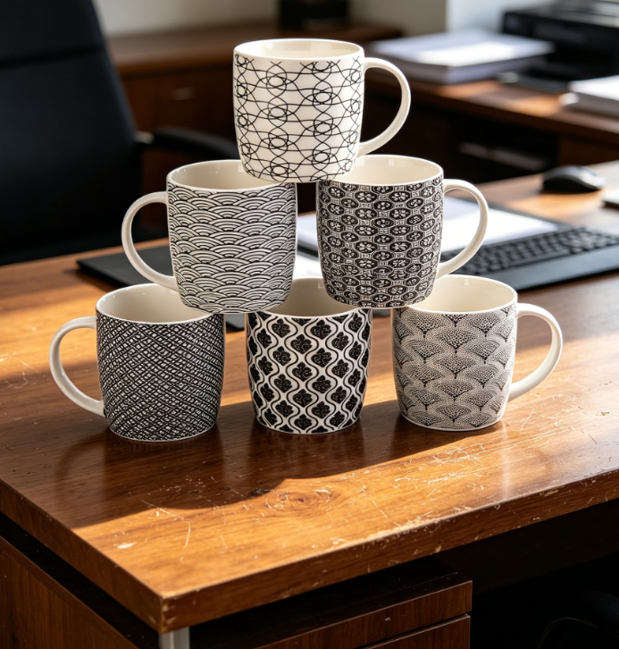 Set of 6 Ceramic Mugs, 11.5oz Each, with Black and White Geometric Patterns - Image 2