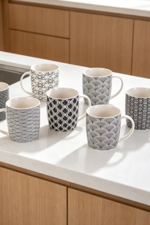 Set of 6 Ceramic Mugs, 11.5oz Each, with Black and White Geometric Patterns