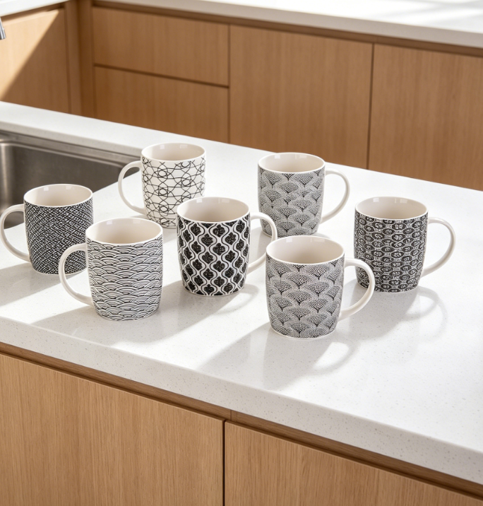 Set of 6 Ceramic Mugs, 11.5oz Each, with Black and White Geometric Patterns
