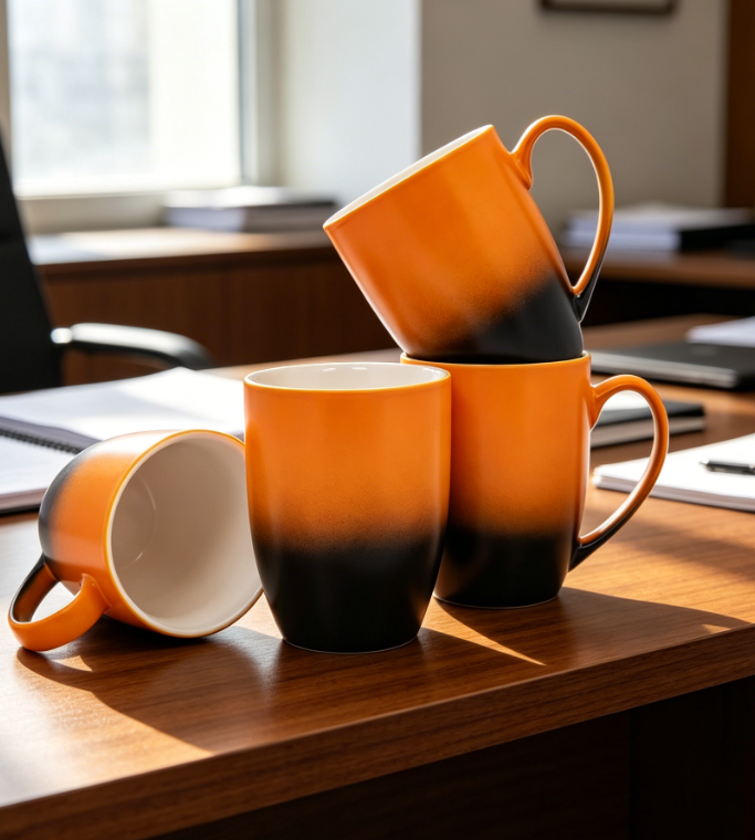 Set of 4 Matte Ceramic Stoneware Mugs, 12oz Each, Orange and Black Ombre - Image 2