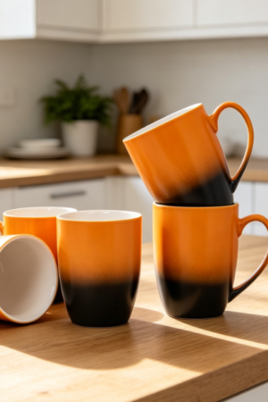 Set of 4 Matte Ceramic Stoneware Mugs, 12oz Each, Orange and Black Ombre