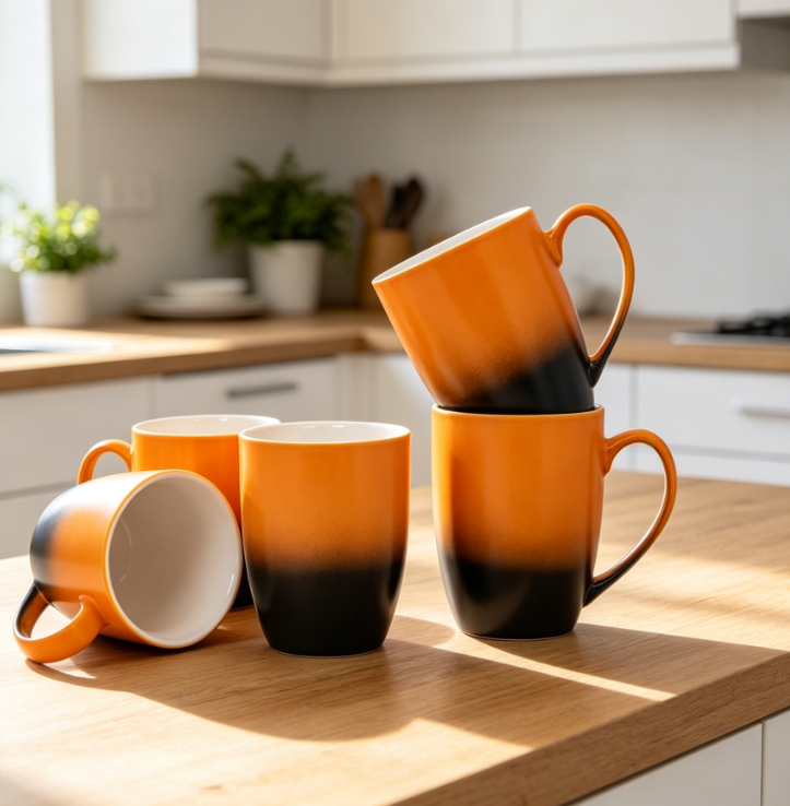 Set of 4 Matte Ceramic Stoneware Mugs, 12oz Each, Orange and Black Ombre