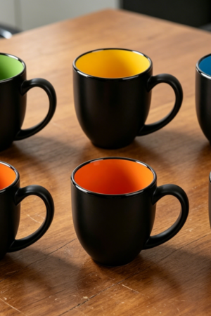 Set of 6 Matte Black Porcelain Mugs, 16oz Each, for Coffee, Tea, Juice or Cocoa