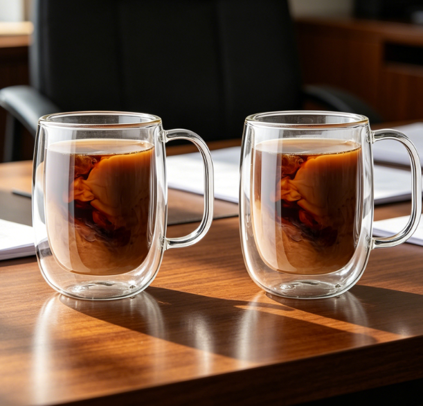 Set of 2 Double-Wall Glass Mugs, 11.8oz Each, Insulated with Handle, Microwave Safe - Image 2