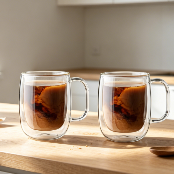Set of 2 Double-Wall Glass Mugs, 11.8oz Each, Insulated with Handle, Microwave Safe