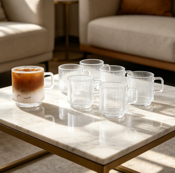 Set of 6 Premium Glass Mugs, 12oz Each, with Vertical Stripes, for Hot or Cold Beverages - Image 2