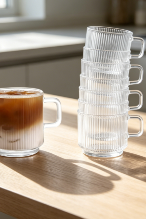 Set of 6 Premium Glass Mugs, 12oz Each, with Vertical Stripes, for Hot or Cold Beverages