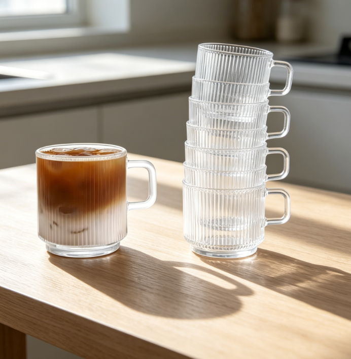 Set of 6 Premium Glass Mugs, 12oz Each, with Vertical Stripes, for Hot or Cold Beverages