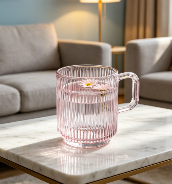 Pink Glass Mug with Lid, 12.5oz, Vertical Stripes Design, Bamboo Lid, Lead-Free - Image 2