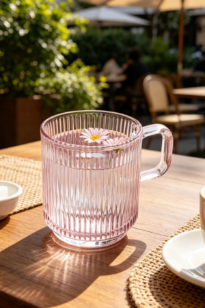 Pink Glass Mug with Lid, 12.5oz, Vertical Stripes Design, Bamboo Lid, Lead-Free