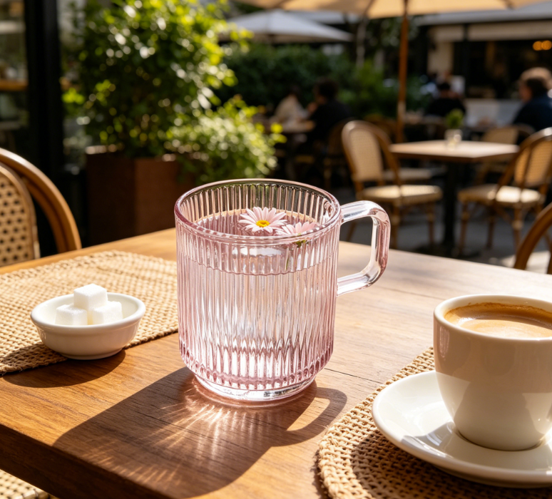 Pink Glass Mug with Lid, 12.5oz, Vertical Stripes Design, Bamboo Lid, Lead-Free