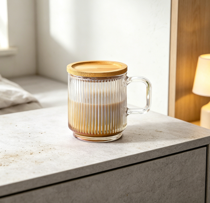 Iridescent Glass Mug with Lid, 12.5oz, Vertical Stripes Design, Bamboo Lid, Lead-Free - Image 2