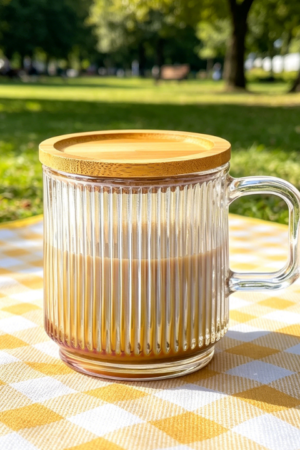 Iridescent Glass Mug with Lid, 12.5oz, Vertical Stripes Design, Bamboo Lid, Lead-Free