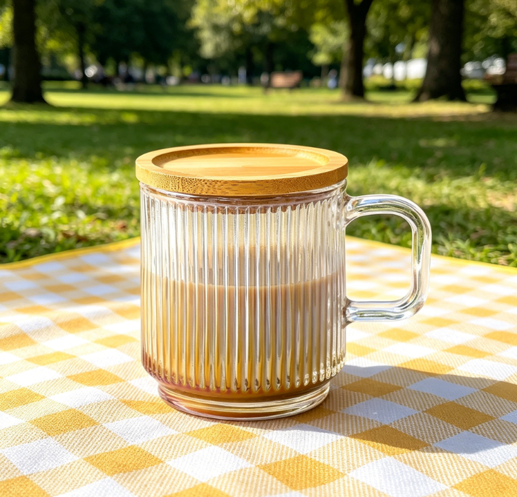 Iridescent Glass Mug with Lid, 12.5oz, Vertical Stripes Design, Bamboo Lid, Lead-Free