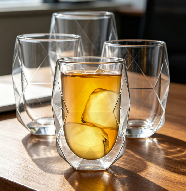 Set of 4 Double-Wall Glass Mugs, 12oz Each, Diamond Shape, Insulated - Image 2