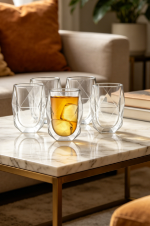 Set of 4 Double-Wall Glass Mugs, 12oz Each, Diamond Shape, Insulated