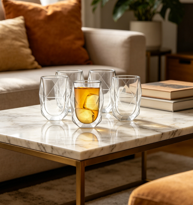 Set of 4 Double-Wall Glass Mugs, 12oz Each, Diamond Shape, Insulated