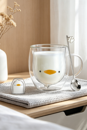 Cute Double-Wall Insulated Glass Mug, Duck Shape, for Espresso, Coffee or Tea