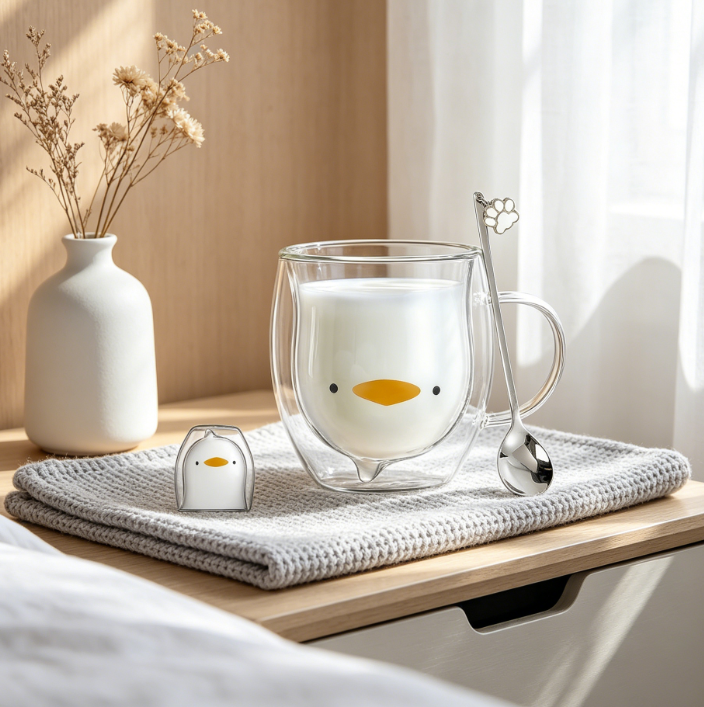 Cute Double-Wall Insulated Glass Mug, Duck Shape, for Espresso, Coffee or Tea