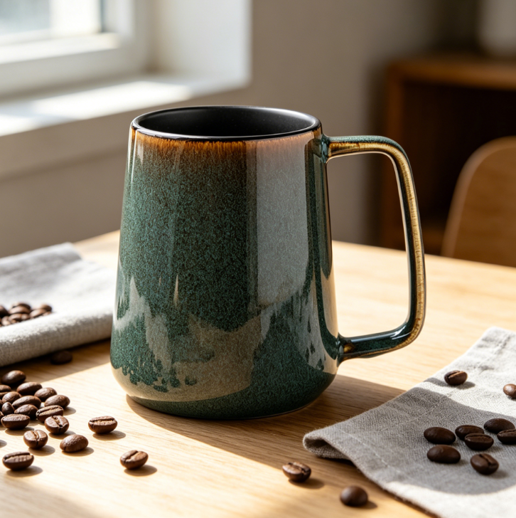 Large 24oz Ceramic Mug with Big Handle, for Office and Home, Microwave & Dishwasher Safe, Green