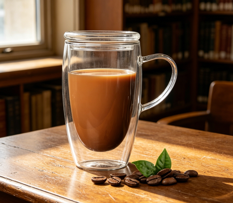 Double-Wall Glass Mug with Lid and Handle, 15oz, Insulated, for Cappuccino, Tea, Milk or Espresso - Image 2
