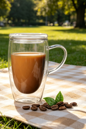 Double-Wall Glass Mug with Lid and Handle, 15oz, Insulated, for Cappuccino, Tea, Milk or Espresso