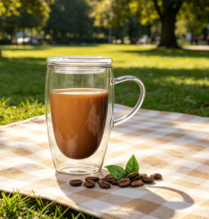 Double-Wall Glass Mug with Lid and Handle, 15oz, Insulated, for Cappuccino, Tea, Milk or Espresso