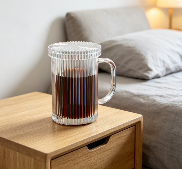 Iridescent Glass Mug with Glass Lid, 11oz, Vertical Stripes Design, for Latte or Espresso - Image 2