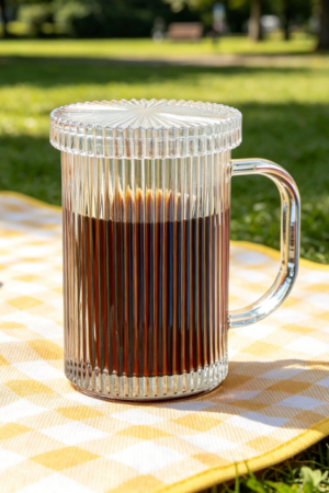 Iridescent Glass Mug with Glass Lid, 11oz, Vertical Stripes Design, for Latte or Espresso