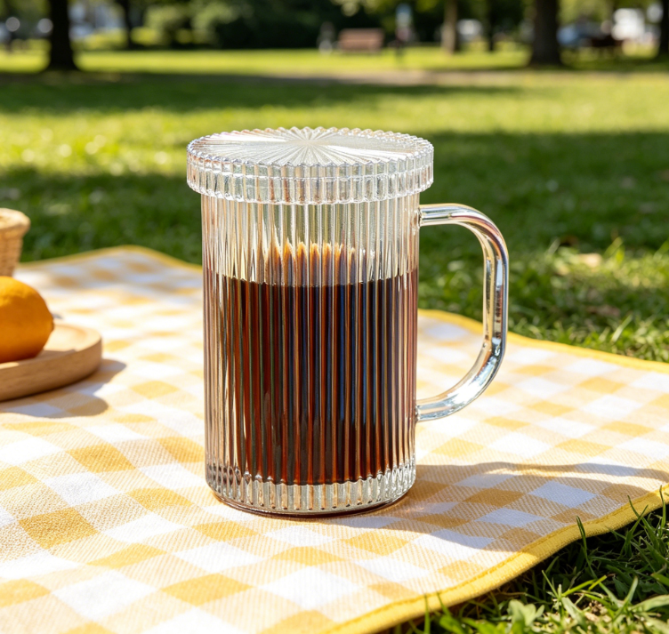 Iridescent Glass Mug with Glass Lid, 11oz, Vertical Stripes Design, for Latte or Espresso