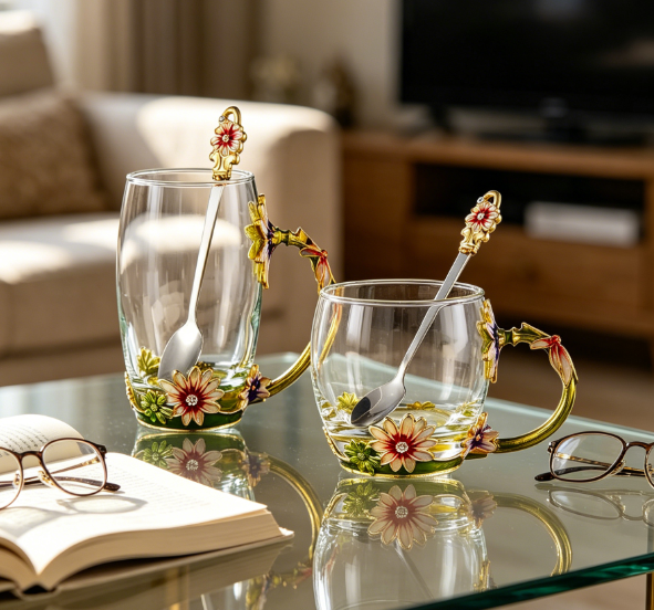 Enamel Glass Mug with Rose Flower Pattern and Spoon, Novelty Gift for Tea Lover - Image 2