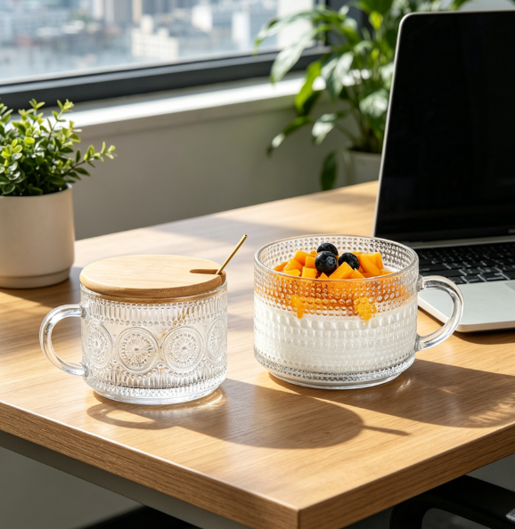 Set of 2 Vintage Glass Mugs, 14oz Each, with Bamboo Lids and Spoons, for Coffee or Tea - Image 2