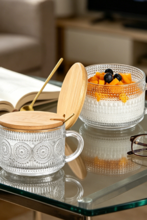 Set of 2 Vintage Glass Mugs, 14oz Each, with Bamboo Lids and Spoons, for Coffee or Tea