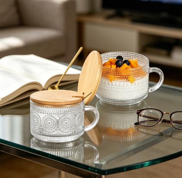 Set of 2 Vintage Glass Mugs, 14oz Each, with Bamboo Lids and Spoons, for Coffee or Tea