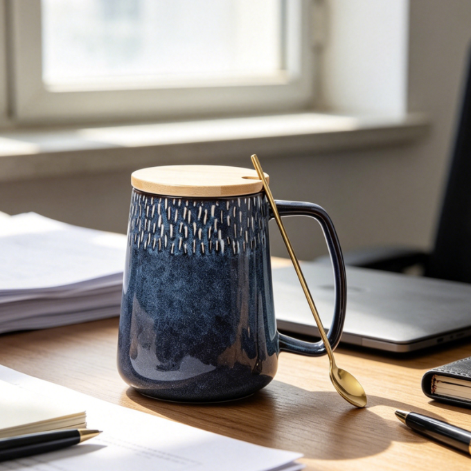 Large 24oz Ceramic Mug Set with Spoon and Wooden Lid, for Coffee or Tea, Big Handle, Microwave & Dishwasher Safe, Star Blue - Image 2