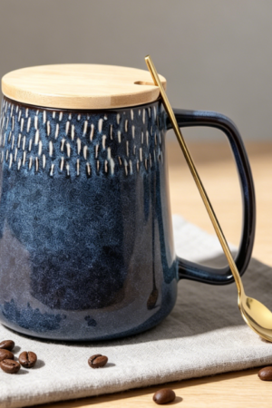 Large 24oz Ceramic Mug Set with Spoon and Wooden Lid, for Coffee or Tea, Big Handle, Microwave & Dishwasher Safe, Star Blue