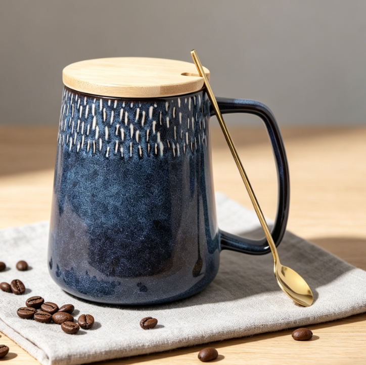 Large 24oz Ceramic Mug Set with Spoon and Wooden Lid, for Coffee or Tea, Big Handle, Microwave & Dishwasher Safe, Star Blue