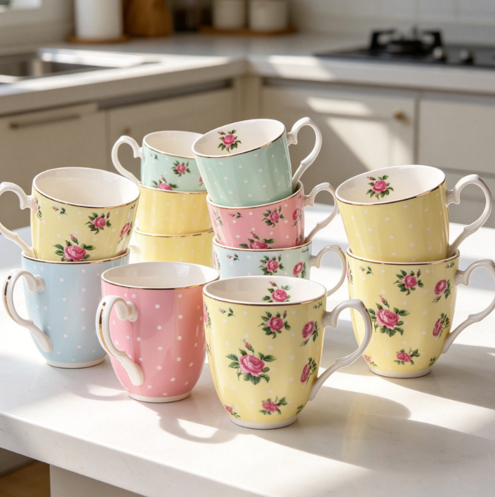 Set of 8 Floral 12oz Porcelain Bone China Mugs, for Coffee or Tea, Large Size - Image 2
